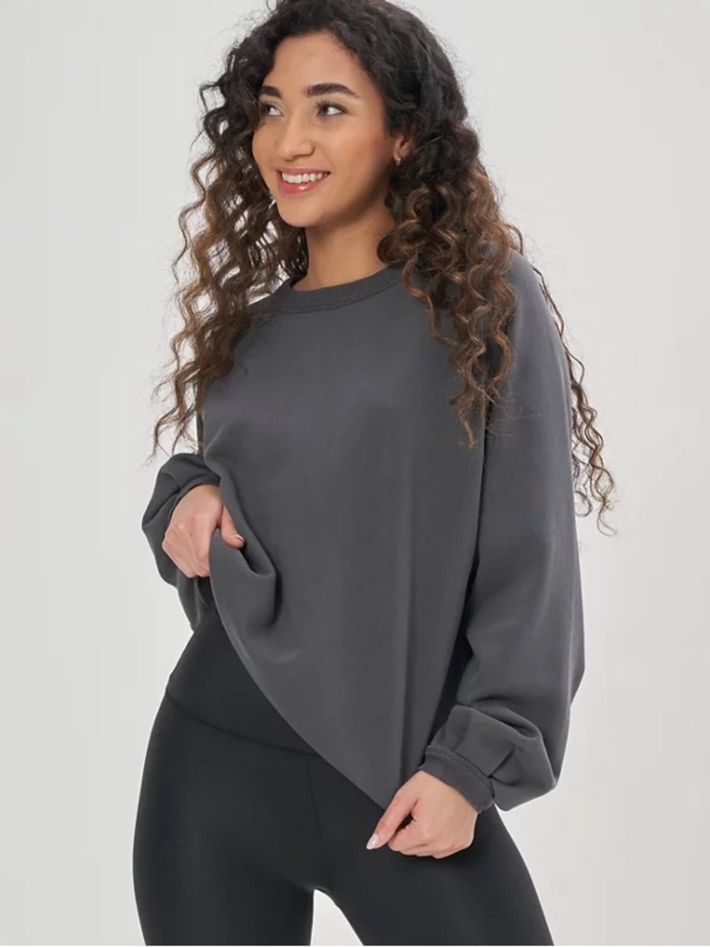 Aerie Pleated Sleeve Crew Shadow Gray Oversized Sweatshirt